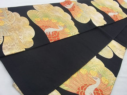 平和屋着物◎六通柄袋帯 孔雀 黒地 金銀糸 逸品 BAAH2324cm