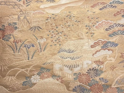 平和屋着物◎六通柄袋帯 唐織 風景草花文 金糸 逸品 BAAH2334cm
