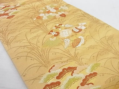 平和屋着物◎六通柄袋帯 唐織 松皮菱吉祥花文 金糸 正絹 逸品 AAAI9494Apf