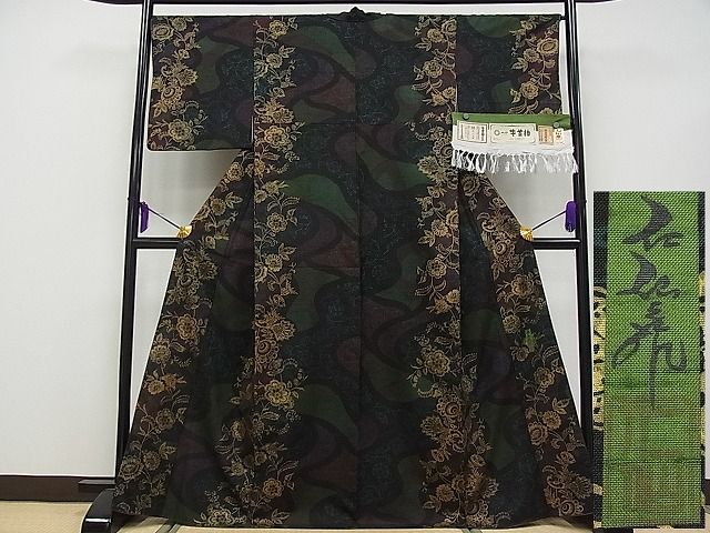平和屋本店●極上 石川県指定無形文化財 牛首紬 角印 白山工房 手織り 前田仁仙 仁仙更紗 花唐草文 金彩 証紙付き 逸品 CYAA0405s4