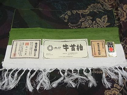 平和屋本店●極上 石川県指定無形文化財 牛首紬 角印 白山工房 手織り 前田仁仙 仁仙更紗 花唐草文 金彩 証紙付き 逸品 CYAA0405s4