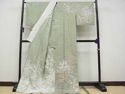 平和屋本店■極上　石川県指定無形文化財　牛首紬　白山工房　手織り　訪問着　単衣　枝花文　金彩　逸品　未使用　CYAA0418s4