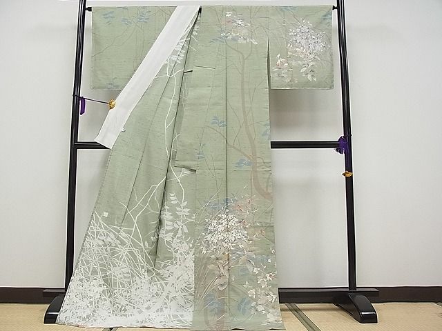 平和屋本店■極上　石川県指定無形文化財　牛首紬　白山工房　手織り　訪問着　単衣　枝花文　金彩　逸品　未使用　CYAA0418s4