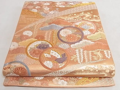 平和屋着物◎六通柄袋帯 唐織 花蝶丸文 金糸 正絹 逸品 AAAI6294Ajz