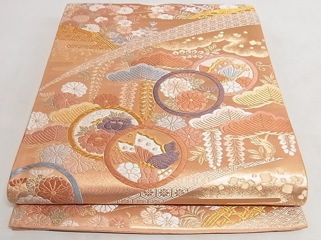 平和屋着物◎六通柄袋帯 唐織 花蝶丸文 金糸 正絹 逸品 AAAI6294Ajz
