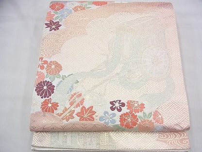 平和屋着物◎六通柄袋帯 唐織 御所車吉祥草花文 金糸 逸品 BAAH5801fk