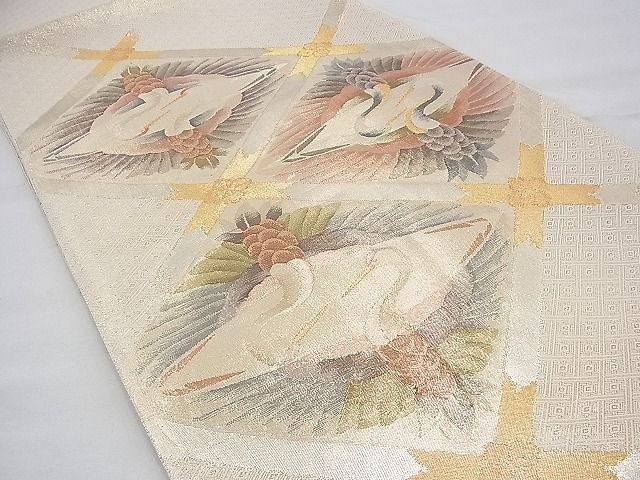 平和屋着物◎佐賀錦 太鼓柄袋帯 向かい鶴菱天井文様 金銀糸 逸品 BAAG8521fk