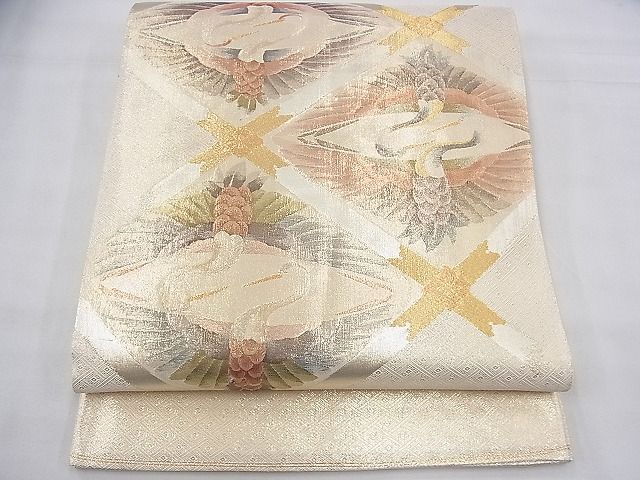 平和屋着物◎佐賀錦 太鼓柄袋帯 向かい鶴菱天井文様 金銀糸 逸品 BAAG8521fk