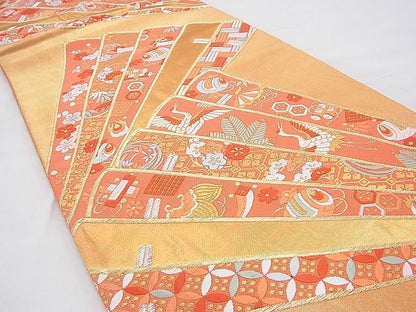 平和屋着物◎六通柄袋帯 唐織 慶長桧扇文 金糸 逸品 BAAG8082fk