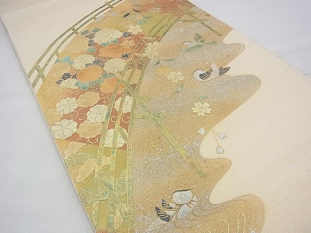 平和屋着物◎太鼓柄袋帯 流水渡橋花鳥文 金銀彩 逸品 BAAG8116fk