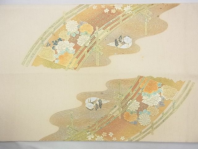 平和屋着物◎太鼓柄袋帯 流水渡橋花鳥文 金銀彩 逸品 BAAG8116fk