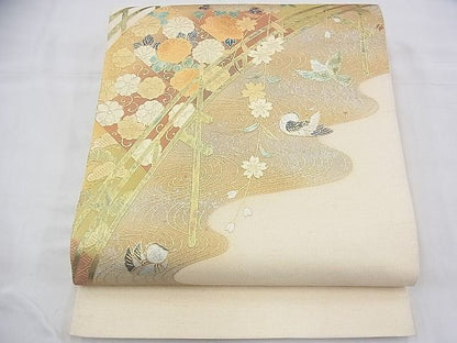 平和屋着物◎太鼓柄袋帯 流水渡橋花鳥文 金銀彩 逸品 BAAG8116fk