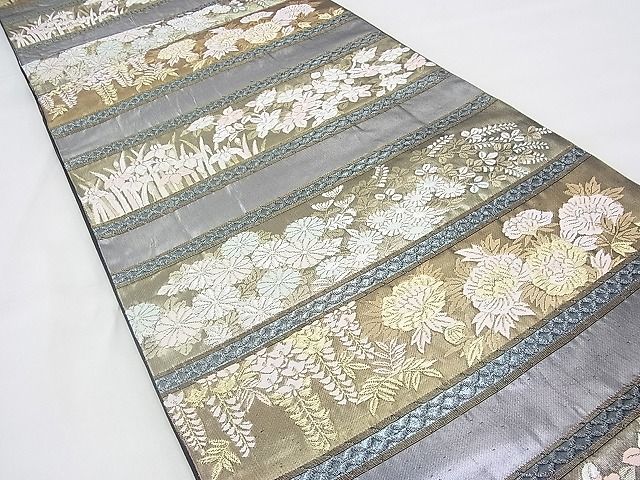 平和屋着物◎六通柄袋帯 唐織 横段春秋花文 金銀糸 逸品 BAAG8138fk