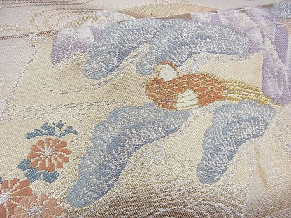 平和屋着物◎六通柄袋帯 唐織 地紙流し花鳥文 銀糸 逸品 BAAG8159fk