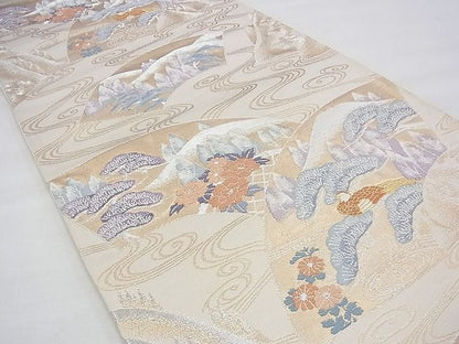 平和屋着物◎六通柄袋帯 唐織 地紙流し花鳥文 銀糸 逸品 BAAG8159fk