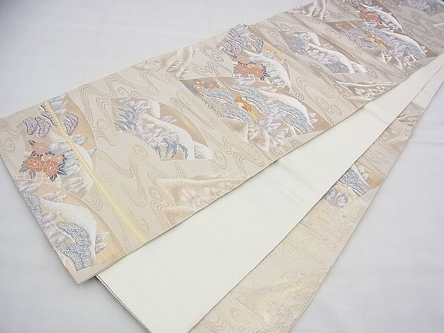 平和屋着物◎六通柄袋帯 唐織 地紙流し花鳥文 銀糸 逸品 BAAG8159fk