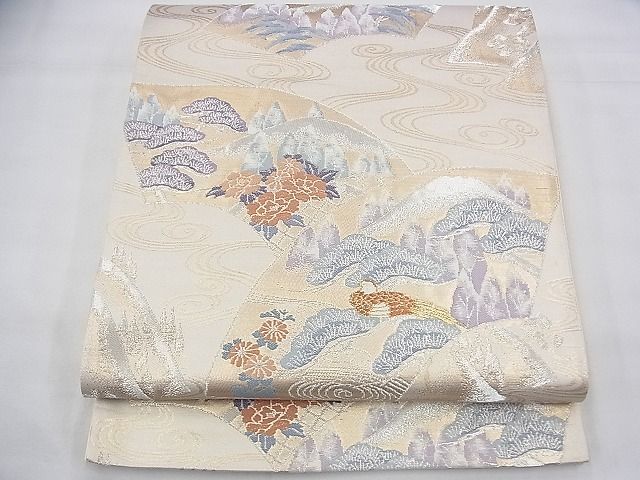 平和屋着物◎六通柄袋帯 唐織 地紙流し花鳥文 銀糸 逸品 BAAG8159fk