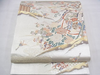 平和屋着物◎太鼓柄袋帯 唐織 誰ヶ袖鶴文 プラチナ箔 逸品 BAAG8197fk