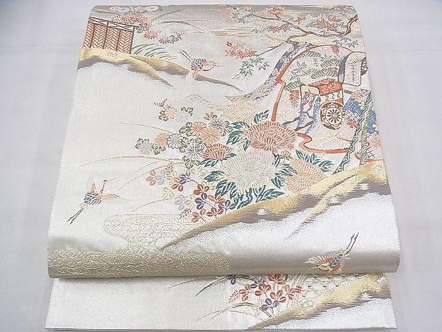 平和屋着物◎太鼓柄袋帯 唐織 誰ヶ袖鶴文 プラチナ箔 逸品 BAAG8197fk