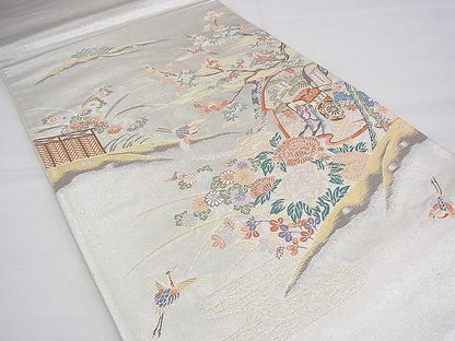 平和屋着物◎太鼓柄袋帯 唐織 誰ヶ袖鶴文 プラチナ箔 逸品 BAAG8197fk