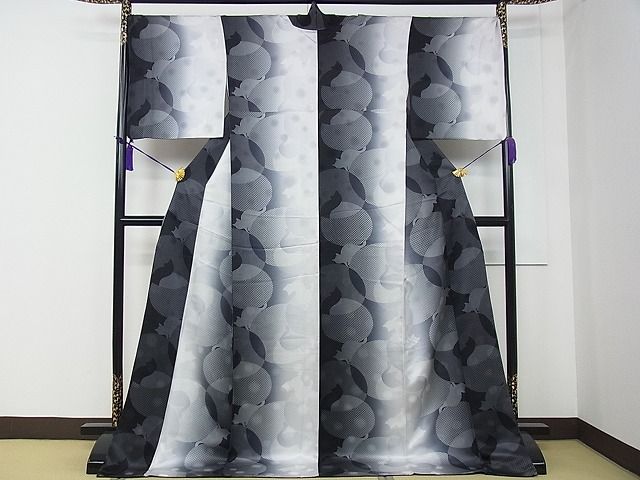 平和屋本店●極上 小紋 猫 暈し染め 黒地 逸品 CZAA0676s4