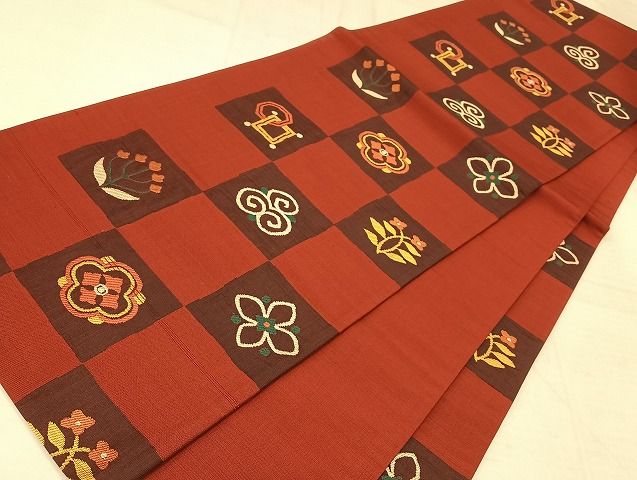平和屋着物◎六通柄袋帯 市松洋花文 正絹 逸品 AAAI5205Bsw
