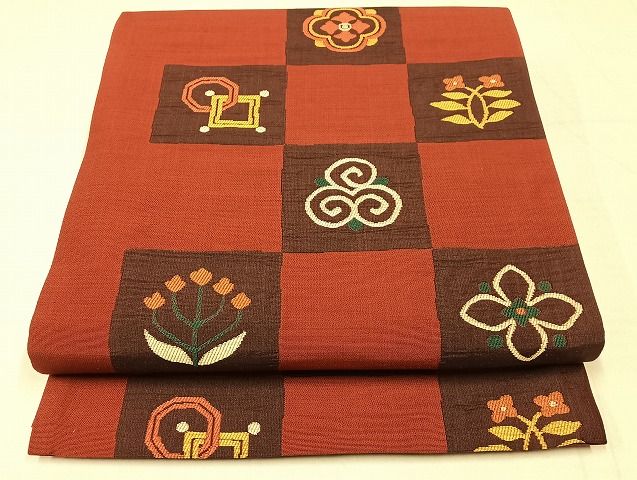 平和屋着物◎六通柄袋帯 市松洋花文 正絹 逸品 AAAI5205Bsw
