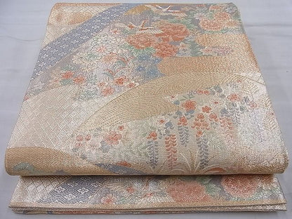 平和屋着物◎宝珠本佐賀錦 六通柄袋帯 ヱ霞遠山鶴花文 九百錦 金糸 逸品 BAAH4008ea