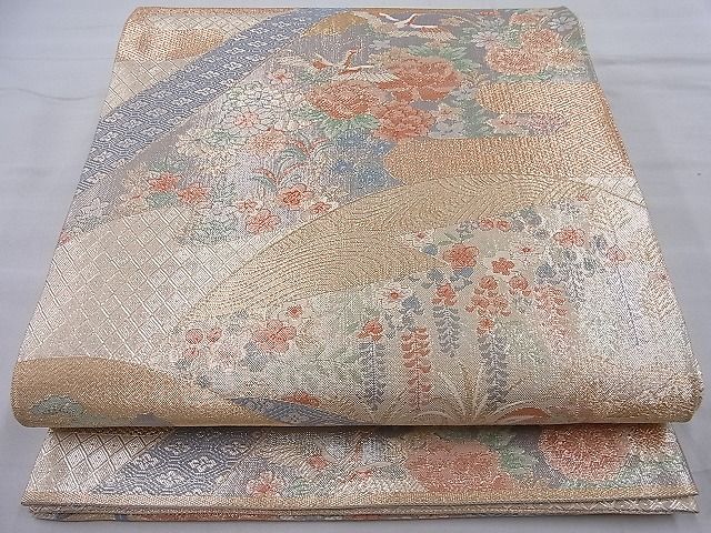 平和屋着物◎宝珠本佐賀錦 六通柄袋帯 ヱ霞遠山鶴花文 九百錦 金糸 逸品 BAAH4008ea