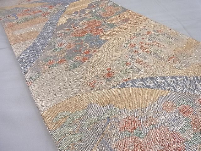 平和屋着物◎宝珠本佐賀錦 六通柄袋帯 ヱ霞遠山鶴花文 九百錦 金糸 逸品 BAAH4008ea