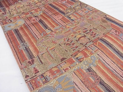 平和屋着物◎六通柄袋帯 更紗花鳥文 金糸 逸品 BAAH4027ea