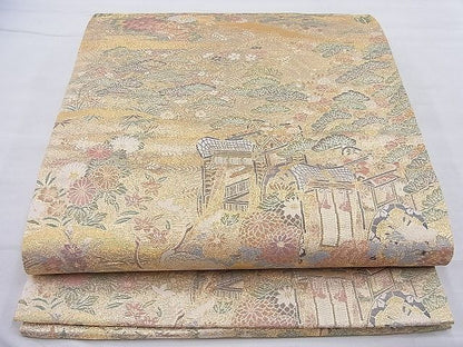 平和屋着物◎六通柄袋帯 御所車霞草花文 金糸 逸品 BAAH4047ea