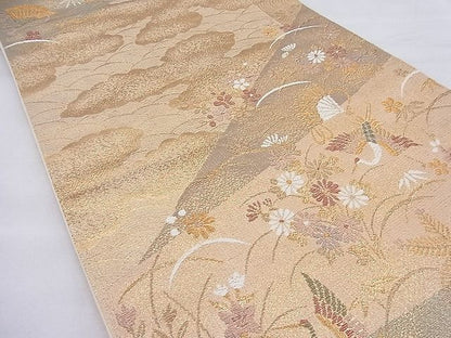 平和屋着物◎六通柄袋帯 唐織 飛鶴檜扇秋草文 金糸 逸品 BAAH4037ea