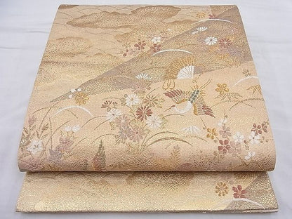 平和屋着物◎六通柄袋帯 唐織 飛鶴檜扇秋草文 金糸 逸品 BAAH4037ea
