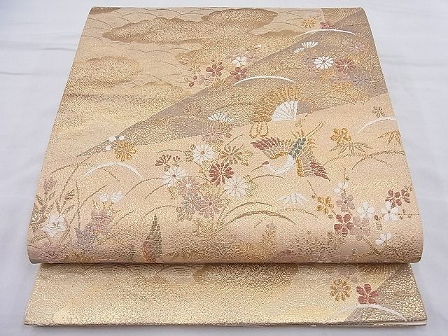 平和屋着物◎六通柄袋帯 唐織 飛鶴檜扇秋草文 金糸 逸品 BAAH4037ea