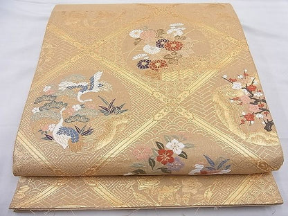 平和屋着物◎太鼓柄袋帯 唐織 菱天井花鳥丸文 金糸 逸品 BAAH4148ea
