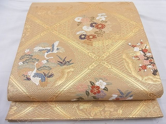 平和屋着物◎太鼓柄袋帯 唐織 菱天井花鳥丸文 金糸 逸品 BAAH4148ea