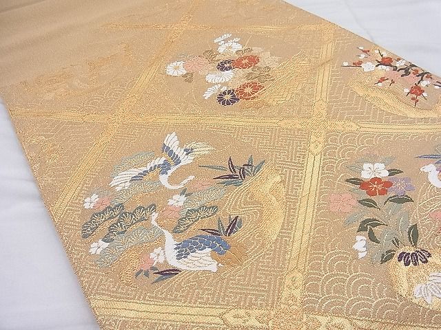 平和屋着物◎太鼓柄袋帯 唐織 菱天井花鳥丸文 金糸 逸品 BAAH4148ea