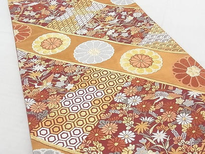 平和屋着物◎六通柄袋帯 唐織 斜線吉祥花鳥文 金糸 正絹 逸品 AAAI8761Ast