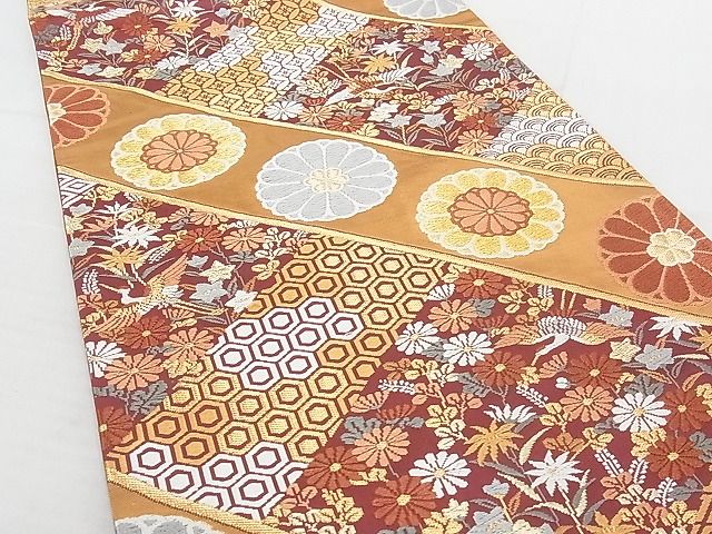 平和屋着物◎六通柄袋帯 唐織 斜線吉祥花鳥文 金糸 正絹 逸品 AAAI8761Ast