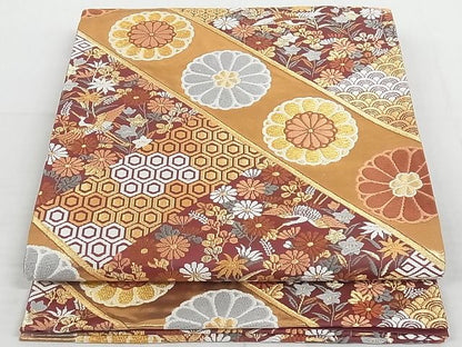 平和屋着物◎六通柄袋帯 唐織 斜線吉祥花鳥文 金糸 正絹 逸品 AAAI8761Ast