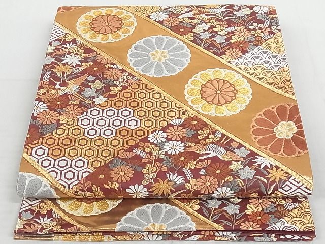 平和屋着物◎六通柄袋帯 唐織 斜線吉祥花鳥文 金糸 正絹 逸品 AAAI8761Ast