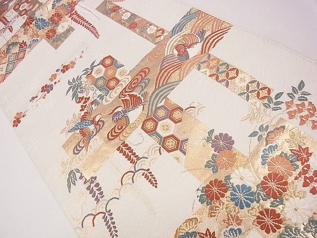 平和屋着物◎六通柄袋帯 唐織 透彩鴛鴦草花文 金糸 逸品 CAAG1863eg