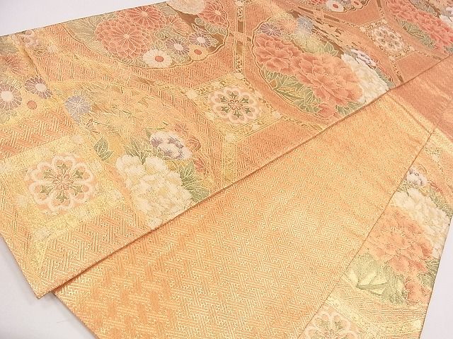平和屋着物◎佐賀錦 六通柄袋帯 格天井草花文 金糸 逸品 CAAG1904eg