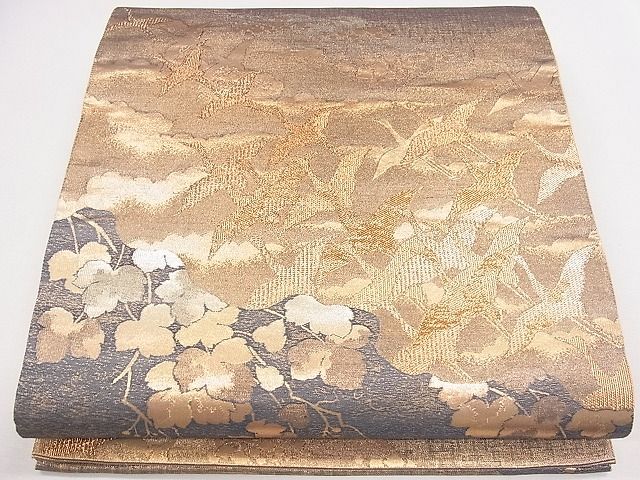 平和屋着物◎六通柄袋帯 霞飛鶴文 金糸 逸品 CAAG1891eg
