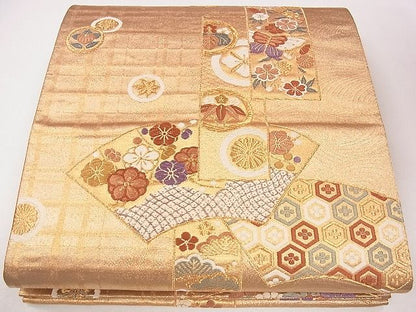 平和屋着物◎六通柄袋帯 唐織 地紙重ね短冊花蝶文 金糸 逸品 CAAG1951eg