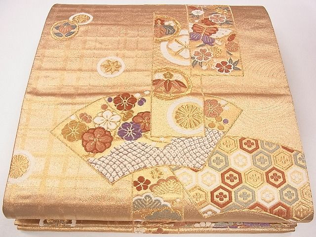 平和屋着物◎六通柄袋帯 唐織 地紙重ね短冊花蝶文 金糸 逸品 CAAG1951eg