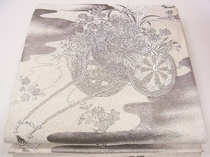 平和屋着物◎太鼓柄袋帯 唐織 綴れ 霞花車文 銀糸 逸品 CAAG1955eg
