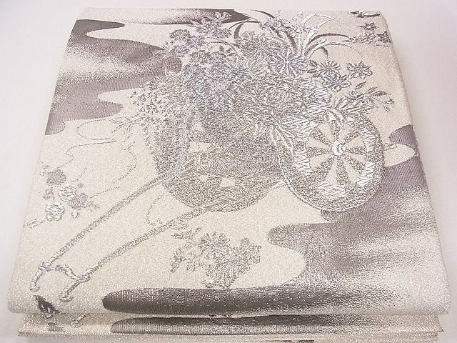 平和屋着物◎太鼓柄袋帯 唐織 綴れ 霞花車文 銀糸 逸品 CAAG1955eg