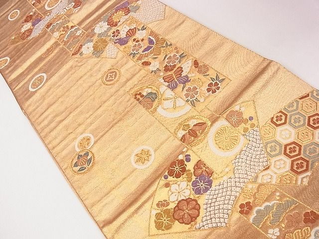 平和屋着物◎六通柄袋帯 唐織 地紙重ね短冊花蝶文 金糸 逸品 CAAG1951eg